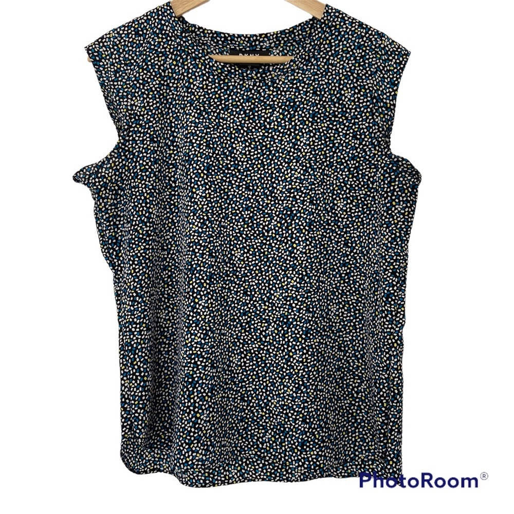 DKNY BLACK/BLUE/YELLOW/WHITE GEOMETRIC PRINT SLEEVELESS TOP/BLOUSE, MEDIUM